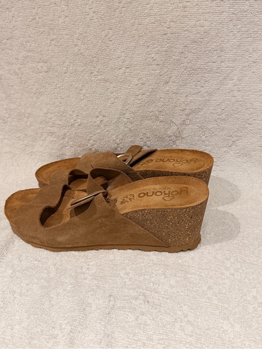Women's Brown Suede Cork Wedge Sandals with Adjustable Buckle